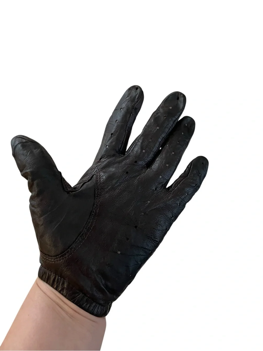 Vintage Brown Leather Driving Gloves Perforated Snap Wrist Unlined Moto Women’s